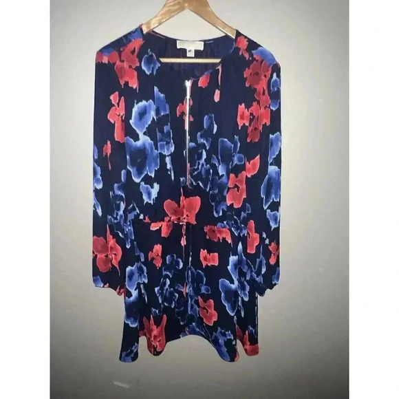 Michael Kors Dresses & Skirts - Michael Kors Dress 14 Blue Red Watercolor Print Chiffon Long Sleeve Front Zip